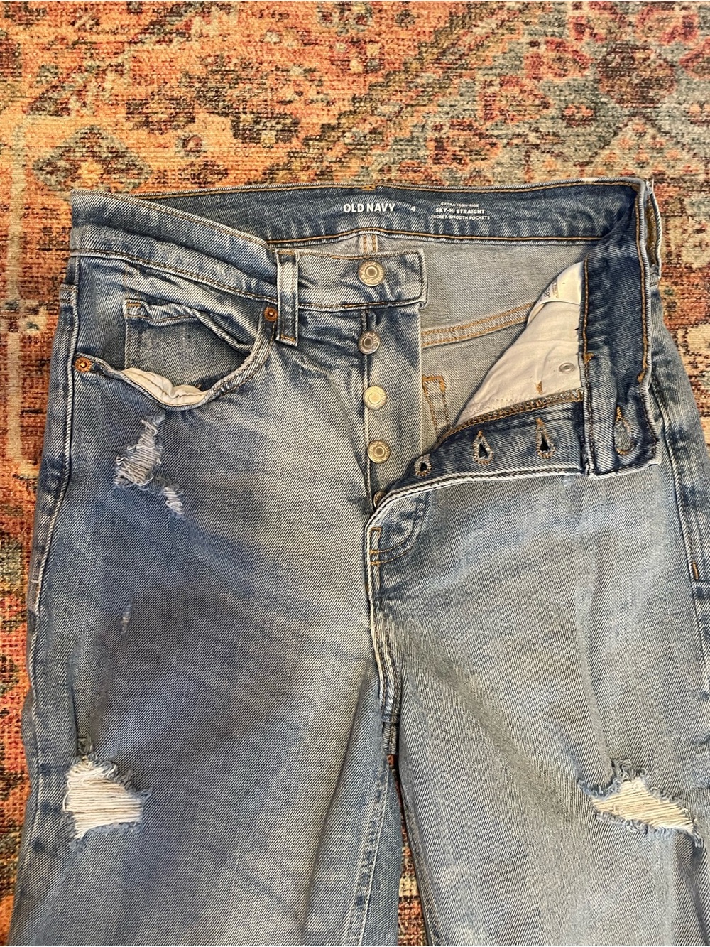 Old Navy Women's Light Blue Distressed Sky-Hi Straight Cut Botton-Fly Jeans - Picture 4 of 11